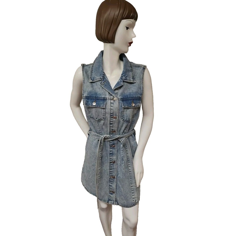 Vintage Cisono Denim Collection Sleeveless Button Up Dress XLG Medium Wash Blue
